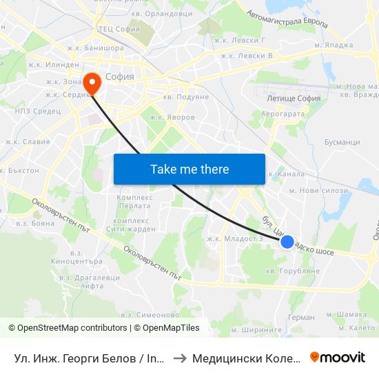 Ул. Инж. Георги Белов / Inzh. Georgi Belov St. (0777) to Медицински Колеж ""Й. Филаретова"" map
