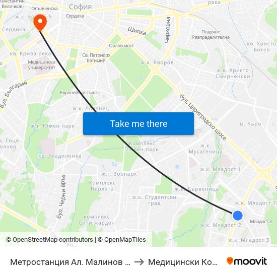 Метростанция Ал. Малинов / Al. Malinov Metro Station (0169) to Медицински Колеж ""Й. Филаретова"" map