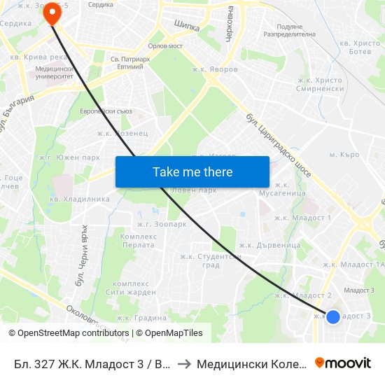 Бл. 327 Ж.К. Младост 3 / Bl. 327, Mladost 3 Qr. (0193) to Медицински Колеж ""Й. Филаретова"" map