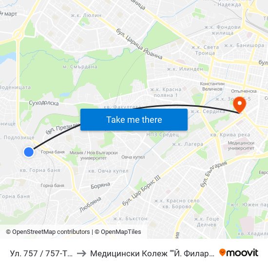 Ул. 757 / 757-Th St. to Медицински Колеж ""Й. Филаретова"" map