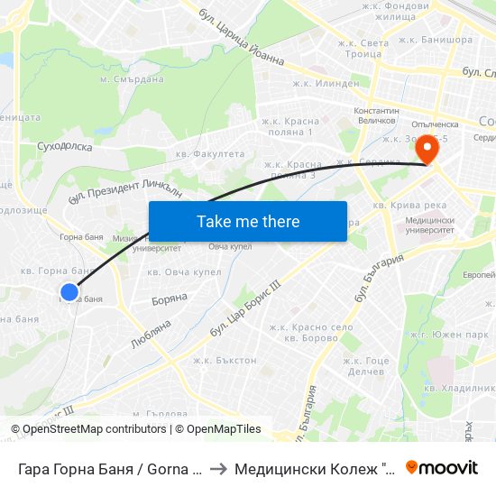 Гара Горна Баня / Gorna Banya Train Station to Медицински Колеж ""Й. Филаретова"" map