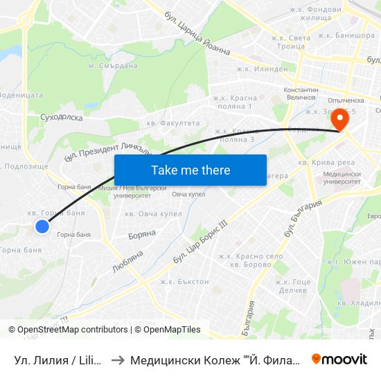 Ул. Лилия / Liliya St. to Медицински Колеж ""Й. Филаретова"" map
