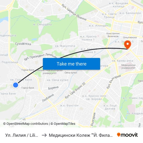 Ул. Лилия / Liliya St. to Медицински Колеж ""Й. Филаретова"" map