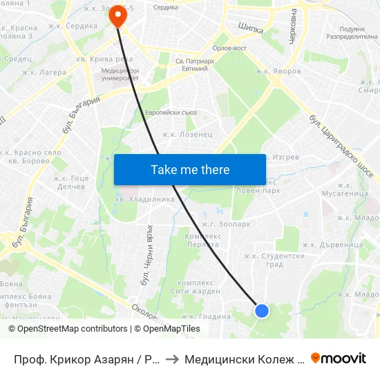 Проф. Крикор Азарян / Prof. Krikor Azaryan St. to Медицински Колеж ""Й. Филаретова"" map