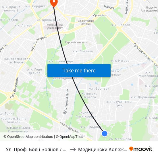 Ул. Проф. Боян Боянов / Prof. Boyan Boyanov St. to Медицински Колеж ""Й. Филаретова"" map