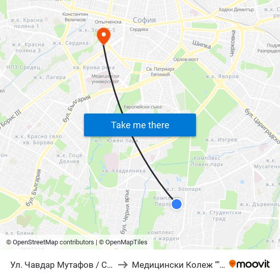 Ул. Чавдар Мутафов / Chavdar Mutafov St. to Медицински Колеж ""Й. Филаретова"" map