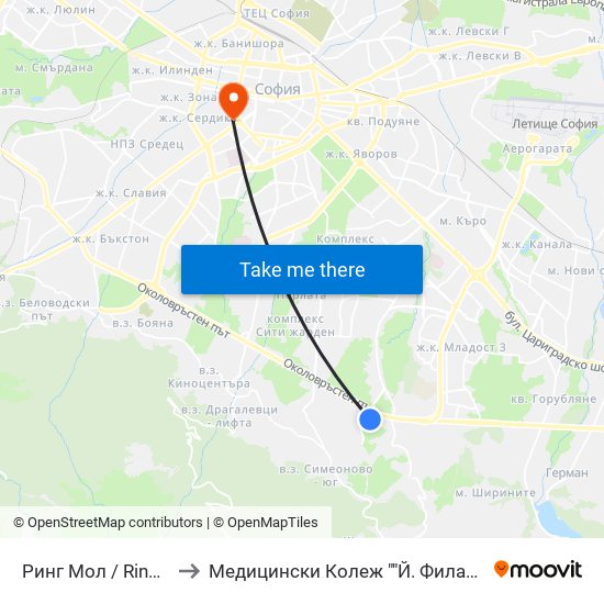 Ринг Мол / Ring Mall to Медицински Колеж ""Й. Филаретова"" map