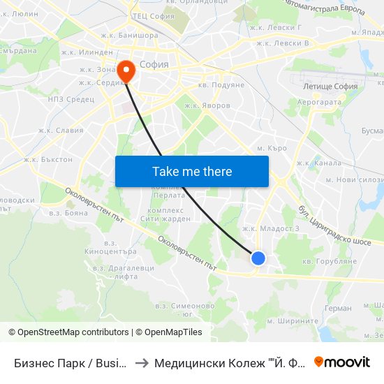 Бизнес Парк / Business Park to Медицински Колеж ""Й. Филаретова"" map