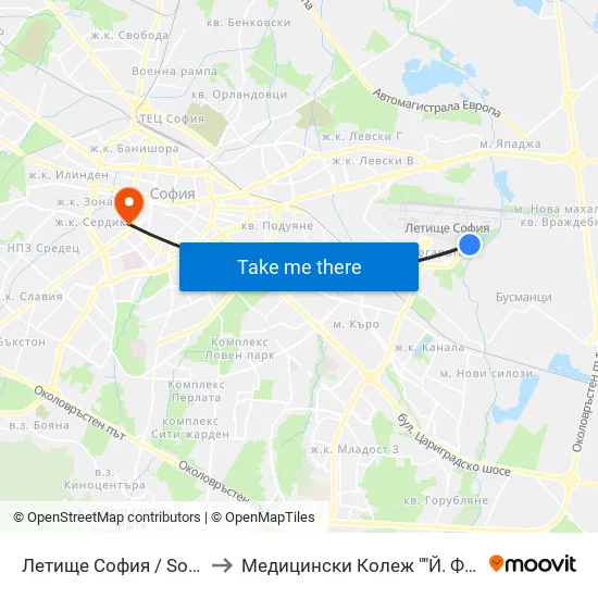 ✈️ Летище София / Sofia Airport to Медицински Колеж ""Й. Филаретова"" map