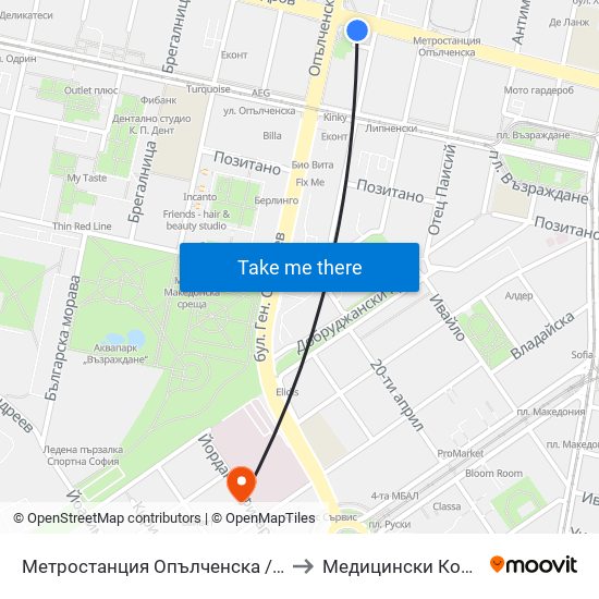 Метростанция Опълченска / Opalchenska Metro Station (6408) to Медицински Колеж ""Й. Филаретова"" map