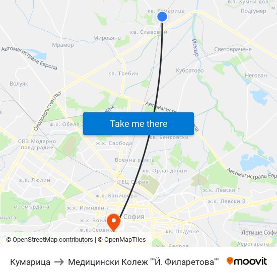 Кумарица to Медицински Колеж ""Й. Филаретова"" map