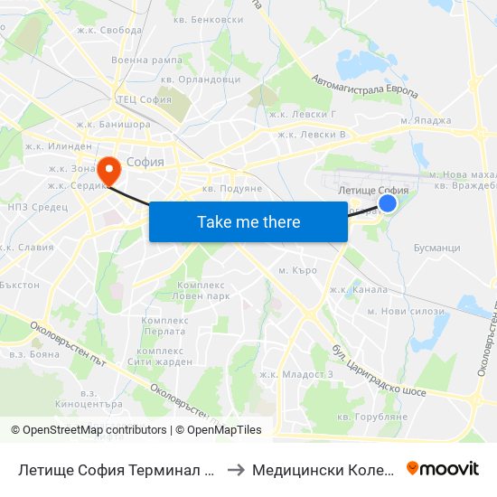 Летище София Терминал 2 / Sofia Airport Terminal 2 to Медицински Колеж ""Й. Филаретова"" map