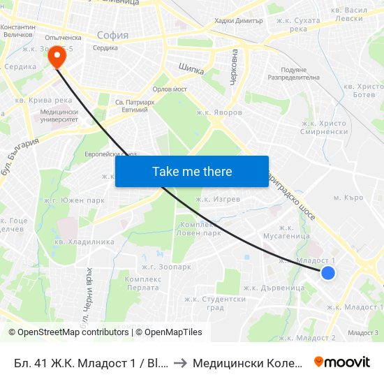 Бл. 41 Ж.К. Младост 1 / Bl. 41, Mladost 1 Qr. (0210) to Медицински Колеж ""Й. Филаретова"" map