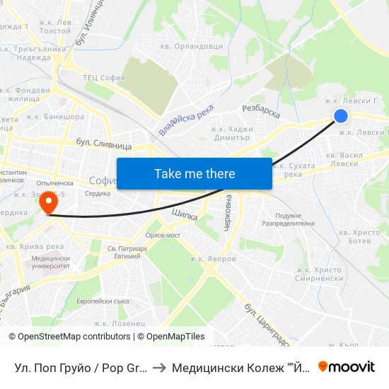 Ул. Поп Груйо / Pop Gruyu St. (2124) to Медицински Колеж ""Й. Филаретова"" map