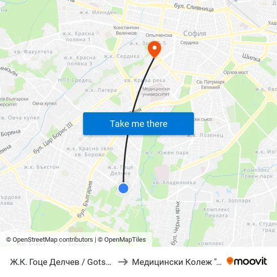 Ж.К. Гоце Делчев / Gotse Delchev Qr. (0600) to Медицински Колеж ""Й. Филаретова"" map