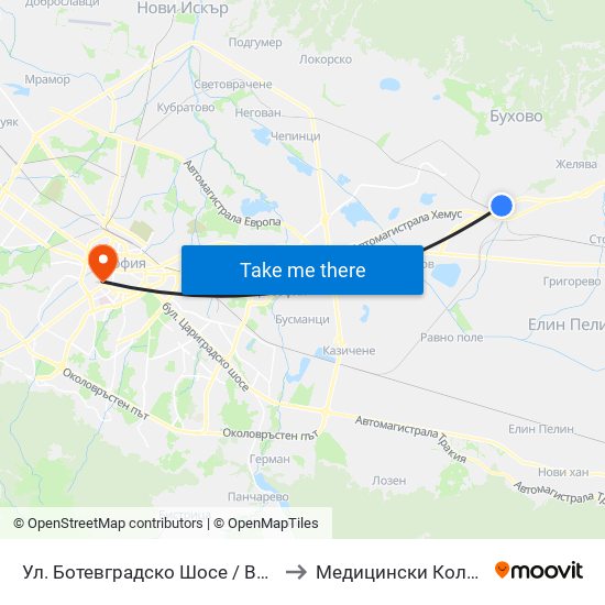 Ул. Ботевградско Шосе / Botevgradsko Shosse St. (2816) to Медицински Колеж ""Й. Филаретова"" map