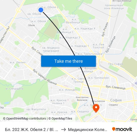 Бл. 202 Ж.К. Обеля 2 / Bl. 202, Obelya 2 Qr. (6647) to Медицински Колеж ""Й. Филаретова"" map