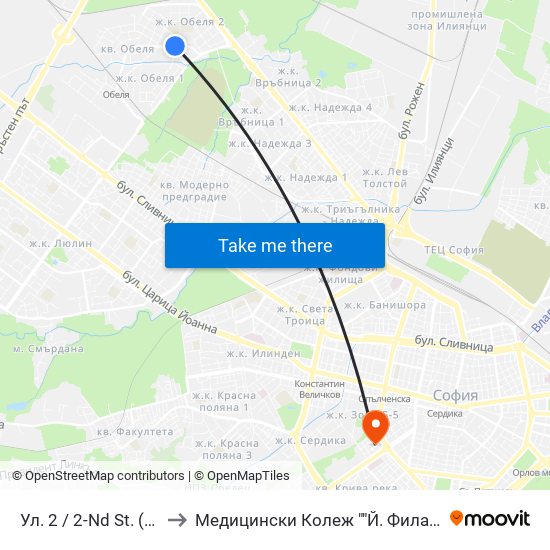 Ул. 2 / 2-Nd St. (6646) to Медицински Колеж ""Й. Филаретова"" map