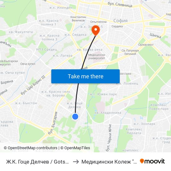 Ж.К. Гоце Делчев / Gotse Delchev Qr. (0599) to Медицински Колеж ""Й. Филаретова"" map
