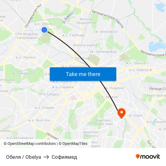 Обеля / Obelya to Софиямед map