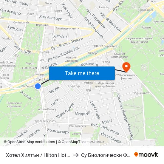 Хотел Хилтън / Hilton Hotel (0397) to Су Биологически Факултет map