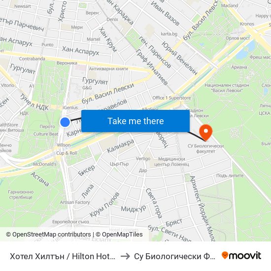 Хотел Хилтън / Hilton Hotel (0396) to Су Биологически Факултет map