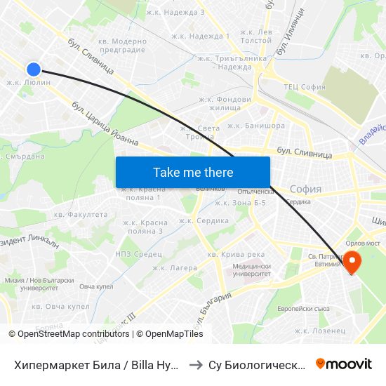 Хипермаркет Била / Billa Hypermarket (2306) to Су Биологически Факултет map