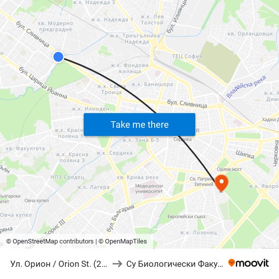 Ул. Орион / Orion St. (2092) to Су Биологически Факултет map