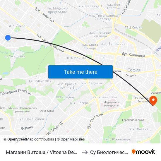 Магазин Витоша / Vitosha Department Store (1703) to Су Биологически Факултет map