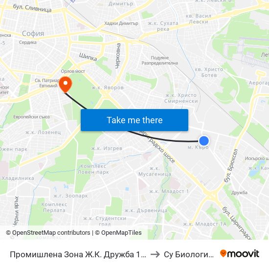 Промишлена Зона Ж.К. Дружба 1 / Industrial Zone Druzhba 1 Qr. (2724) to Су Биологически Факултет map