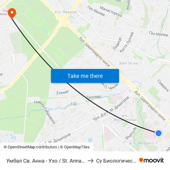 Умбал Св. Анна - Ухо / St. Anna Hospital - Loop (1198) to Су Биологически Факултет map