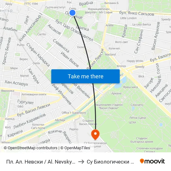Пл. Ал. Невски / Al. Nevsky Sq. (1264) to Су Биологически Факултет map