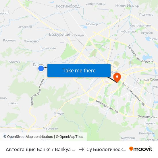 Автостанция Банкя / Bankya Bus Station (0051) to Су Биологически Факултет map