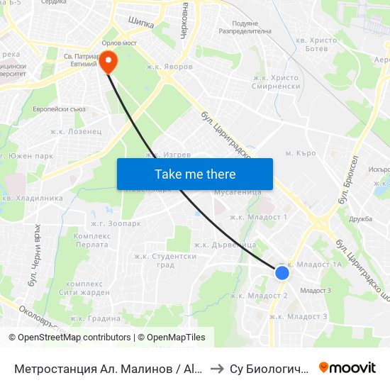 Метростанция Ал. Малинов / Al. Malinov Metro Station (0234) to Су Биологически Факултет map