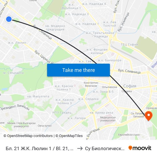 Бл. 21 Ж.К. Люлин 1 / Bl. 21, Lyulin 1 Qr. (1164) to Су Биологически Факултет map
