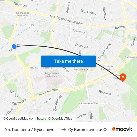Ул. Гюешево / Gyueshevo St. (1156) to Су Биологически Факултет map