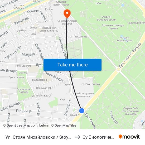 Ул. Стоян Михайловски / Stoyan Mihaylovski St. (2190) to Су Биологически Факултет map