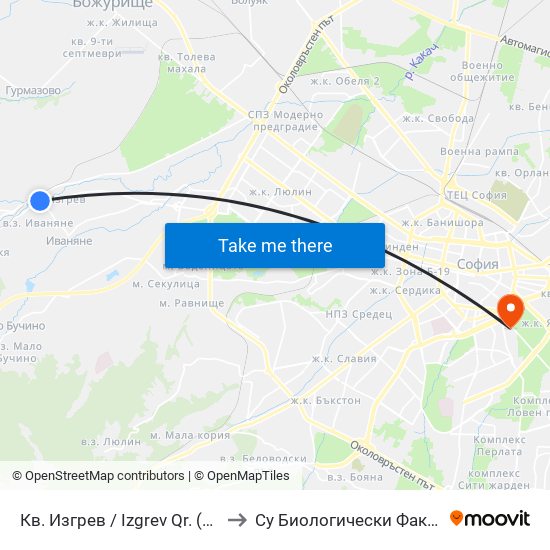 Кв. Изгрев / Izgrev Qr. (0845) to Су Биологически Факултет map