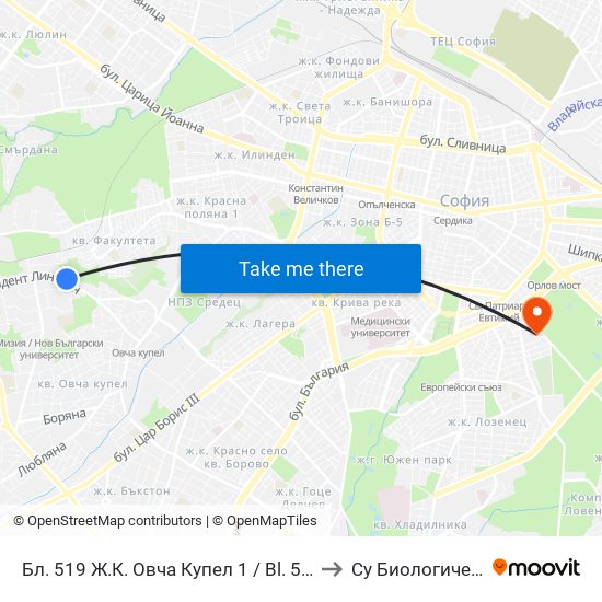 Бл. 519 Ж.К. Овча Купел 1 / Bl. 519, Ovcha Kupel 1 Qr. (0230) to Су Биологически Факултет map
