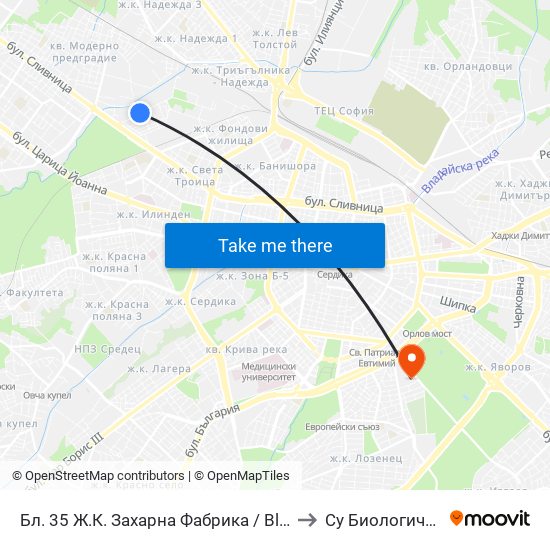 Бл. 35 Ж.К. Захарна Фабрика / Bl. 35, Zaharna Fabrika Qr. (0195) to Су Биологически Факултет map
