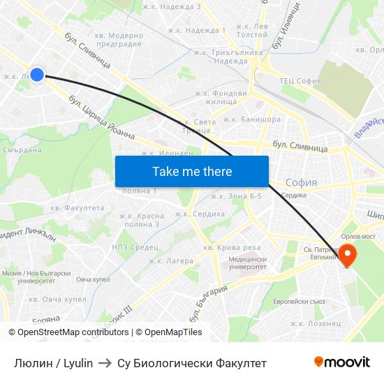 Люлин / Lyulin to Су Биологически Факултет map
