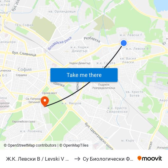 Ж.К. Левски В / Levski V Qr. (2125) to Су Биологически Факултет map