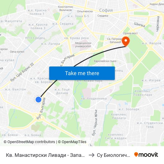 Кв. Манастирски Ливади - Запад / Manastirski Livadi - West Qr. to Су Биологически Факултет map