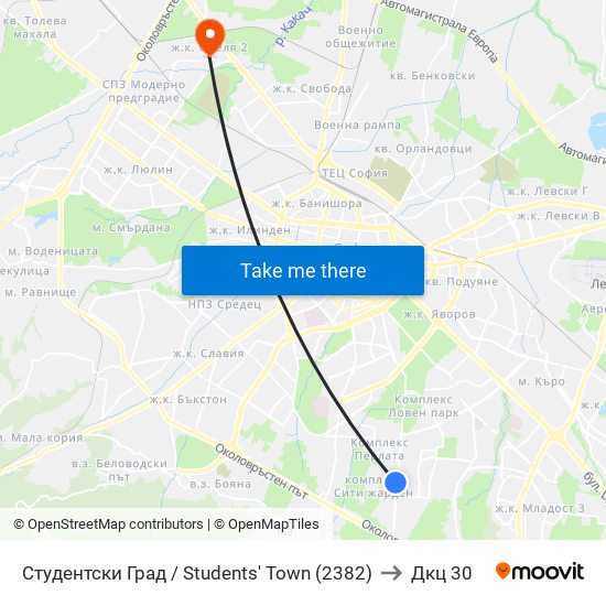 Студентски Град / Students' Town (2382) to Дкц 30 map