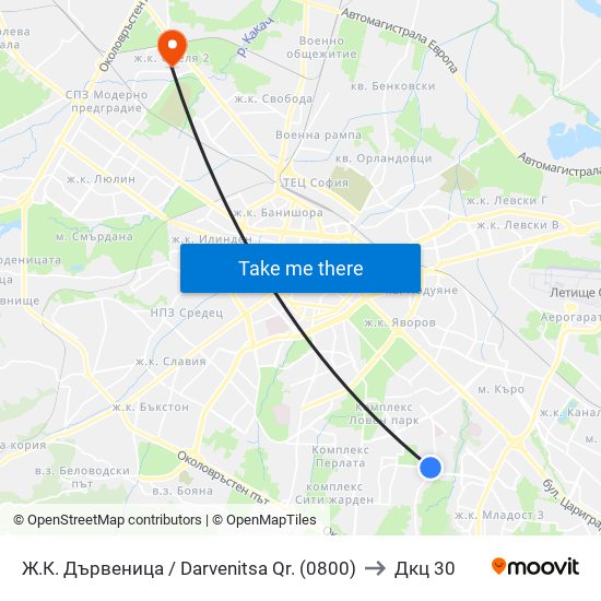 Ж.К. Дървеница / Darvenitsa Qr. (0800) to Дкц 30 map