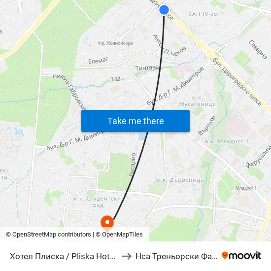Хотел Плиска / Pliska Hotel (2326) to Нса Треньорски Факултет map