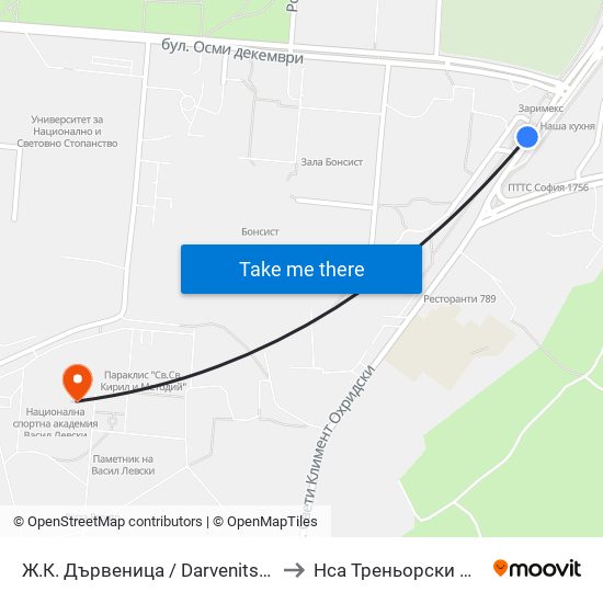 Ж.К. Дървеница / Darvenitsa Qr. (1012) to Нса Треньорски Факултет map