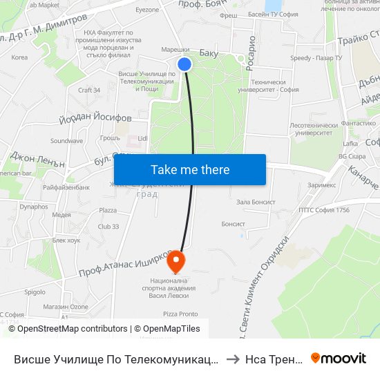 Висше Училище По Телекомуникации / University Of Telecommunications And Post (1397) to Нса Треньорски Факултет map