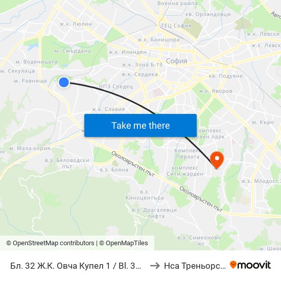 Бл. 32 Ж.К. Овча Купел 1 / Bl. 32, Ovcha Kupel 1 Qr. (0191) to Нса Треньорски Факултет map