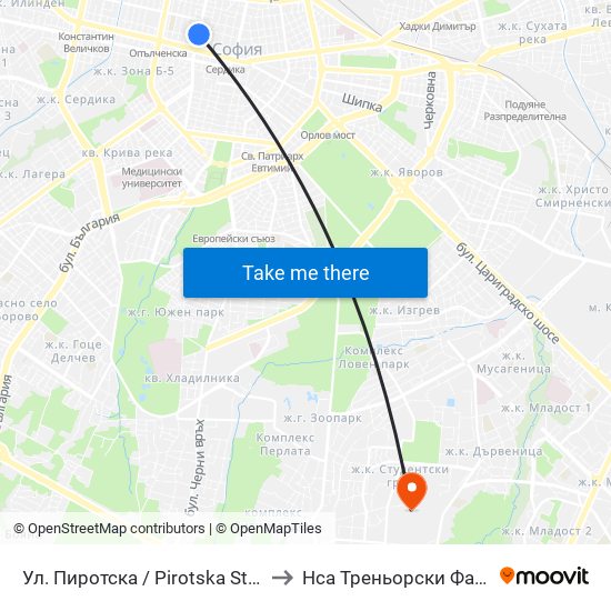 Ул. Пиротска / Pirotska St. (2112) to Нса Треньорски Факултет map